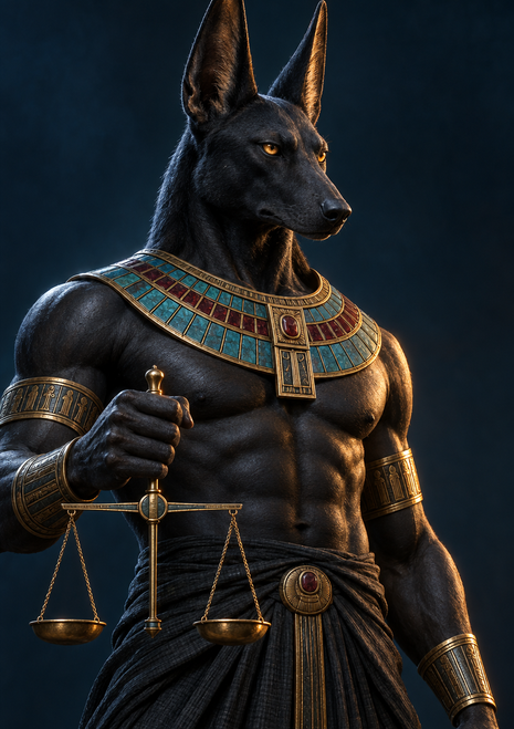 Black jackal-headed humanoid in Egyptian-style jewelry and a dark wrap holding a gold-toned balance scale against a deep blue-black background.