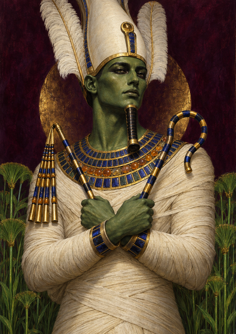 Green-skinned figure in white wrapped garments and a tall feathered crown, holding crook- and flail-like objects before papyrus-like plants.