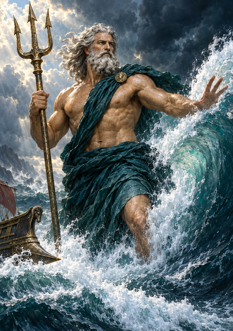 White-haired bearded figure with a gold trident amid teal waves, spray, storm clouds and a decorated boat.