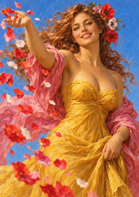 Smiling red-haired woman in a golden-yellow dress and pink drape scattering flower petals against a blue sky.