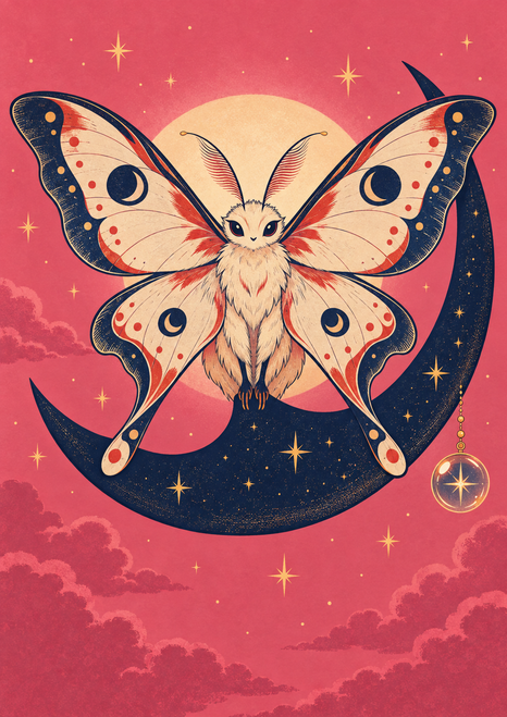 Four-winged moth perched on a dark diagonal crescent beneath a hanging glass orb, stars, and clouds in a rose-pink sky.