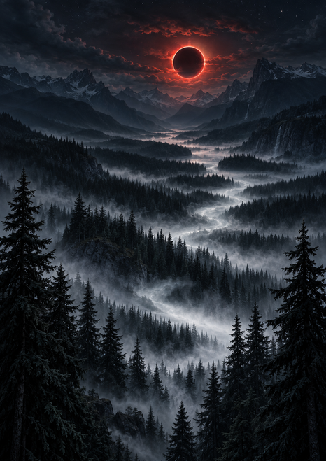 Red-rimmed eclipse above layered mountains, a deep fir forest, and winding pale mist in a dark valley.