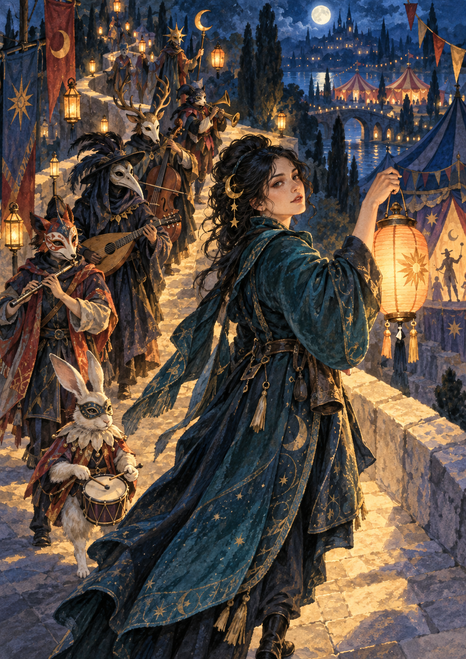 Woman in a decorated teal coat raises a glowing lantern as masked musicians and a pale hare with a drum follow through a moonlit fairground.