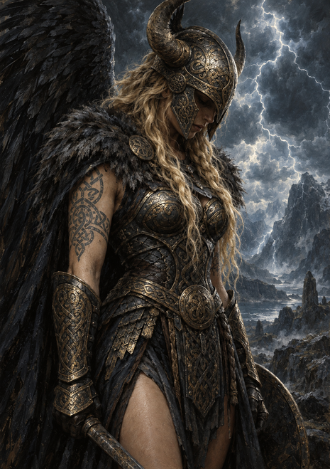 Blonde armored woman with a horned helmet and broad black feathered wing in a stormy rocky landscape.