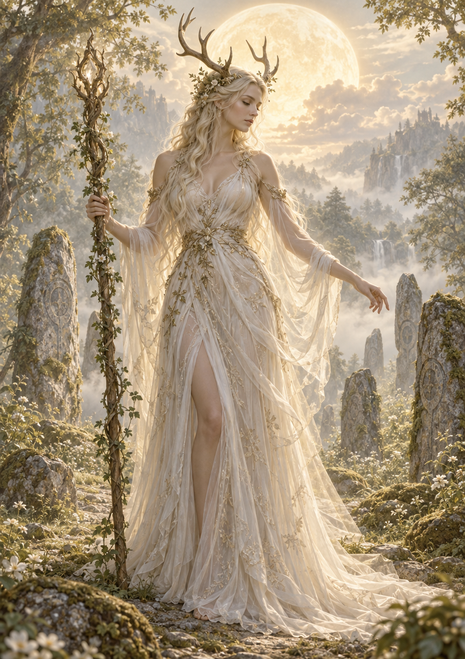 An antlered woman in an ivory gown holds a leafy staff among flowers and stone pillars beneath a luminous moon.