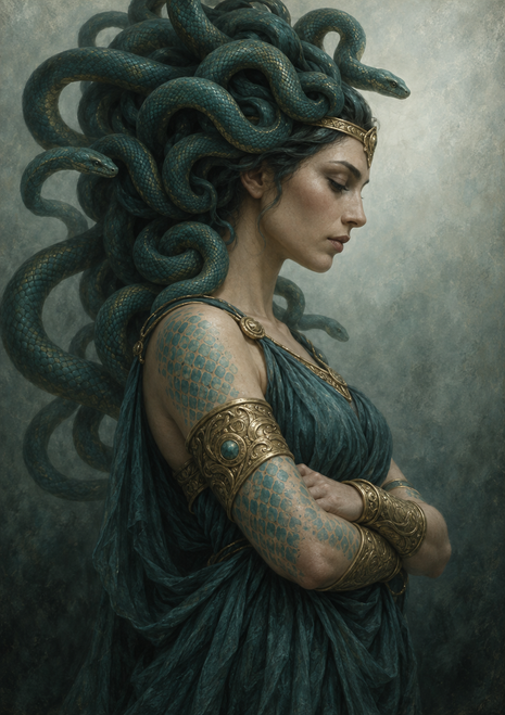 A woman in profile with dark teal snakes in place of hair, gold jewelry, and scale-like markings on her shoulder.
