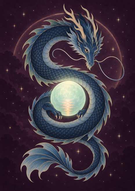 A blue-scaled dragon with swept horns and long whiskers coils around a glowing pale mint pearl against a dark starry background.