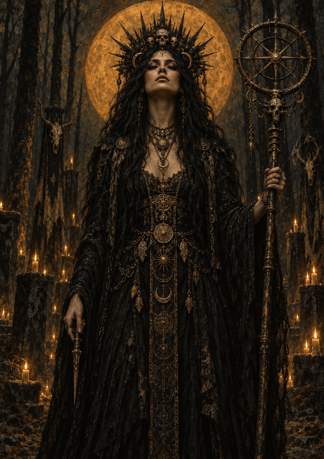 Crowned woman in black-and-gold robes holds a circular-topped staff in a candlelit stone interior.