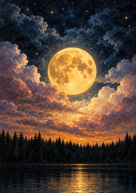 Golden full moon above clouds and a dark evergreen forest, reflected in a lake beneath a starry night sky.