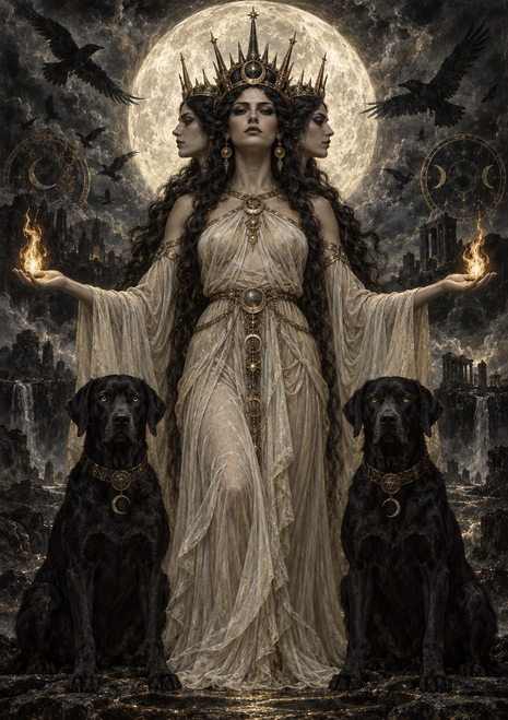 Three-faced crowned woman holding flames beneath a full moon, flanked by ravens and two black dogs.