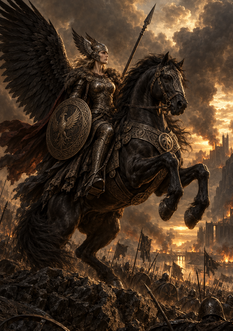 Armored winged woman with spear and shield riding a rearing black horse on a smoky battlefield.