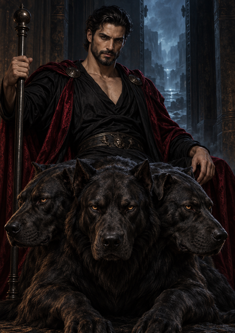 Bearded figure in dark red and black behind a three-headed black dog in a shadowed passage.