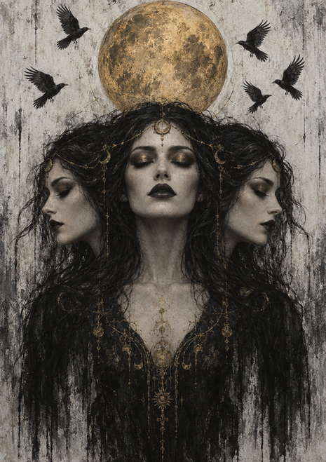 A dark-haired woman is shown with three outward-facing faces beneath a golden moon, surrounded by five black birds.