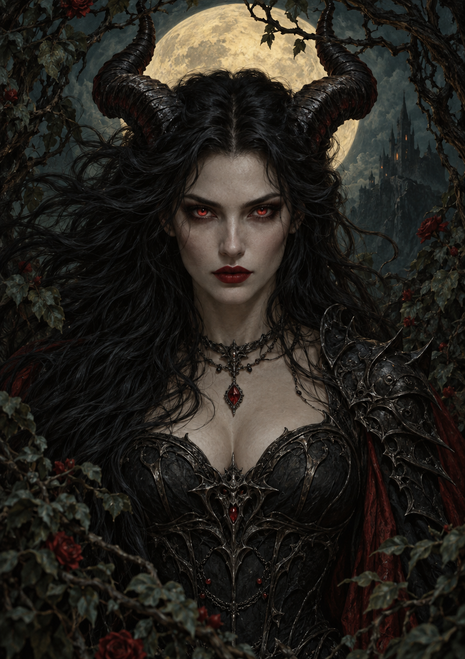 Horned woman with glowing red eyes and ornate black armor before a full moon, with dark foliage and a distant castle-like structure.