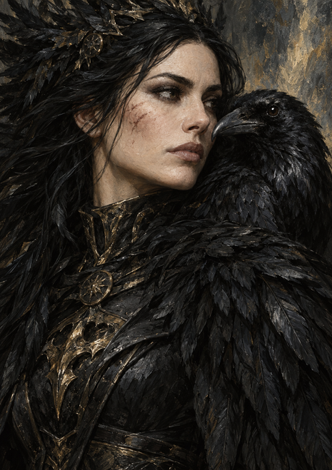 Close portrait of a pale woman in black feathered clothing beside a large black raven, with muted bronze ornaments.