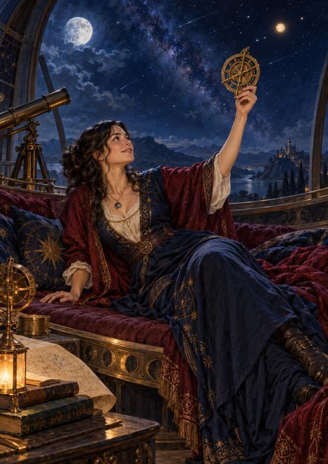 A woman in blue and burgundy garments raises a brass astrolabe beneath a domed, star-filled observatory sky.