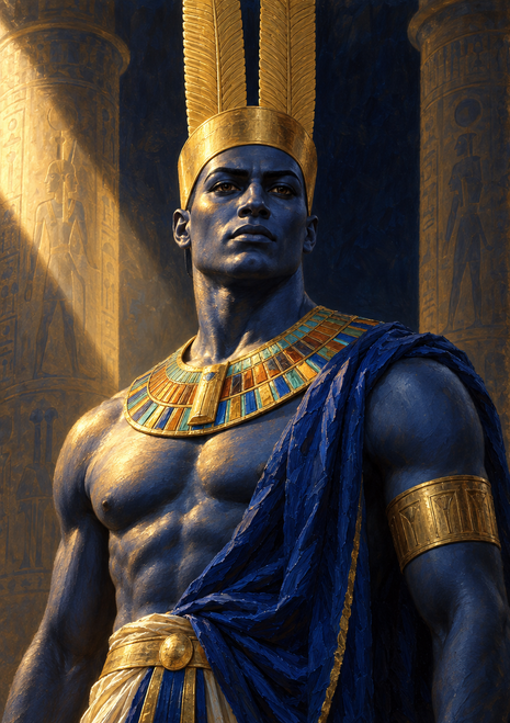 Blue-skinned man in a tall gold headdress, jeweled collar and blue drapery, framed by monumental columns and golden light.