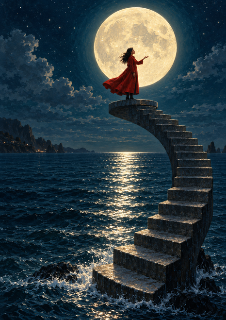 A small figure in a flowing red coat stands on a curved stone staircase above dark water, before a large full moon.