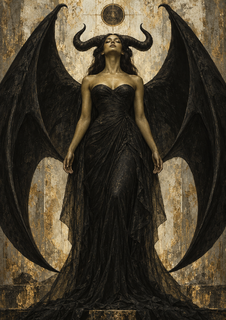Full-length horned woman in a black gown with expansive batlike wings and a circular disk above her head.