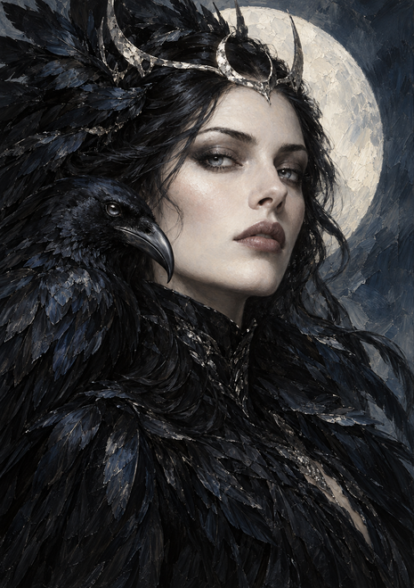 Close portrait of a woman in a feathered cloak beside a black raven, with a crescent-like crown and full moon behind her.