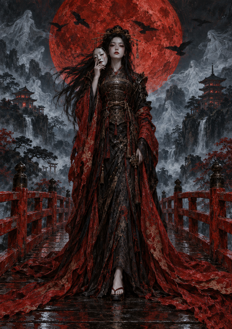 Armored woman in a patterned crimson cloak holding a pale mask on a red bridge beneath a large red moon, with birds, mist and ghostlike figures.