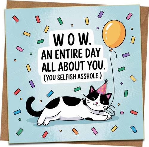 Funny Birthday Card for Adults – Sarcastic Cat with Balloon – Rude Humor – 145mm x 145mm – Includes Kraft Envelope – Illustrated Confetti Design