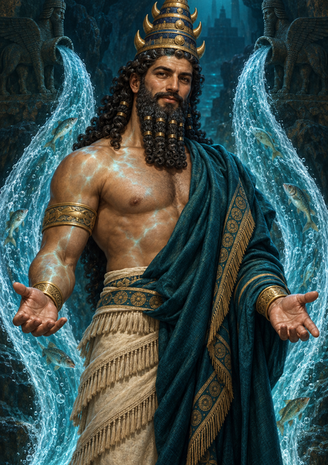 Crowned, bearded man in ornate clothing with open hands between two arcing flows of water containing fish.