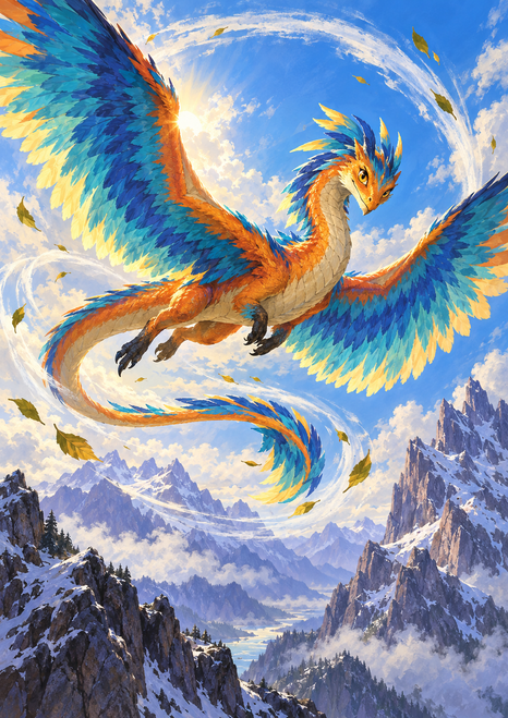 Blue and turquoise feather-winged orange wyvern flying above layered mountain peaks amid curling cloud and wind and drifting leaves.