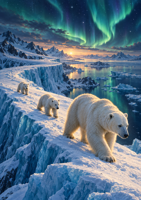 An adult polar bear and two cubs walk along a fractured glacier ridge beneath green-teal aurora ribbons, with a fjord and distant mountains behind them.