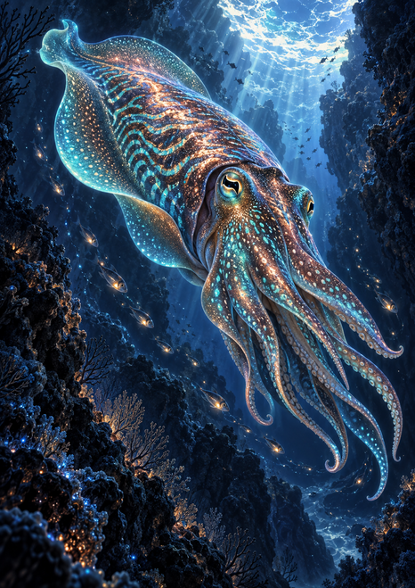 Luminous cuttlefish-like cephalopod with turquoise and rose-gold markings gliding through a dark blue reef canyon among small fish.