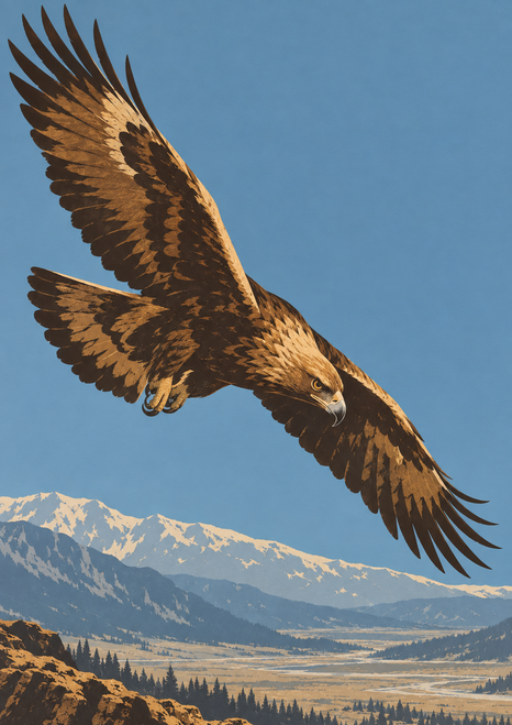 Brown-and-ochre eagle banking downward above an alpine valley with pale mountain ridges and blue-grey sky.