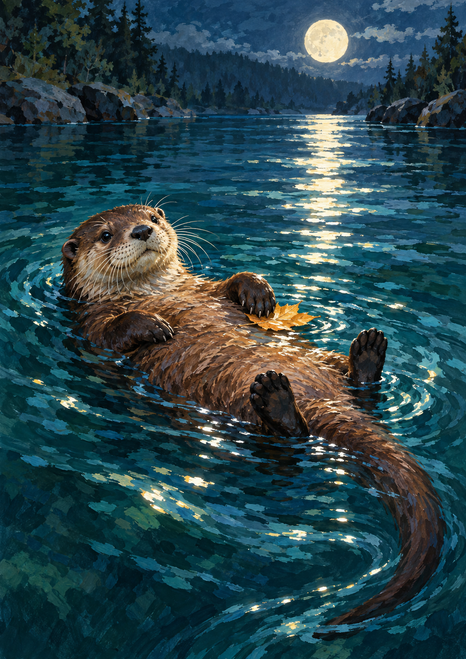 Brown otter floating on its back in moonlit teal water with its tail trailing toward a small amber leaf and a bright moon reflection above.