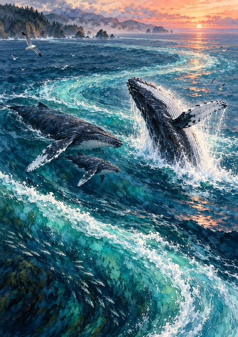 A whale breaches at right as two whales swim at left through swirling turquoise and indigo water, with birds, fish, and a distant coast.