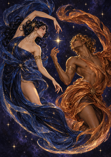 Two adult-looking celestial dancers in indigo and copper-gold garments face each other around a bright star against a dark violet, starry background.