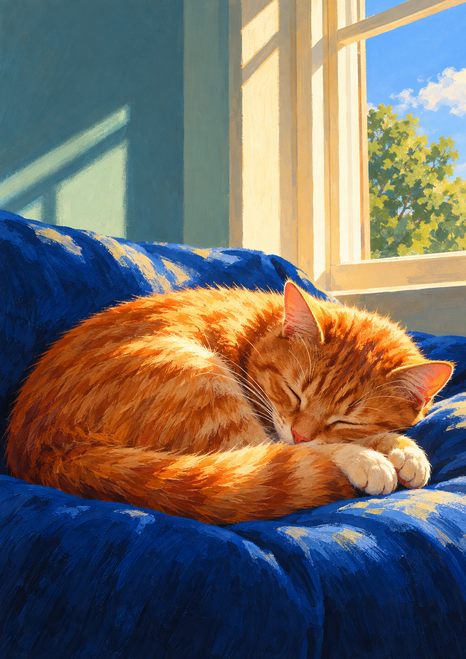 Ginger cat curled asleep on a vivid blue cushion beside a sunlit window, with a tree and blue sky outside.