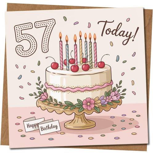 57th Birthday Card - Cute Cake and Candles Design - 145mm x 145mm Square Greeting Card - 57 Today - For Him or Her, Friend or Family, Includes Kraft Envelope