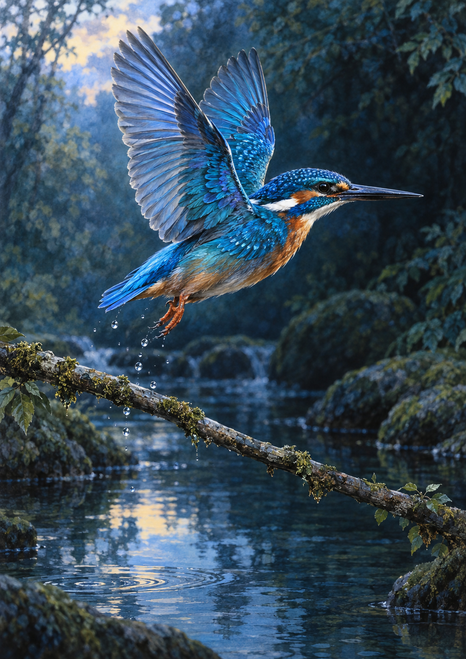 Blue kingfisher flying above a shaded stream, with raised wings, a mossy branch, falling droplets, and a reflective pool.
