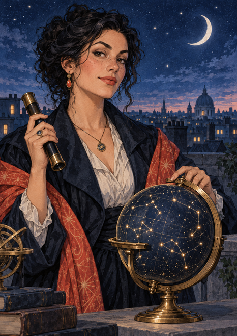 Adult woman astronomer with a telescope and brass star globe, looking toward the viewer beneath a crescent moon above a lit rooftop skyline.