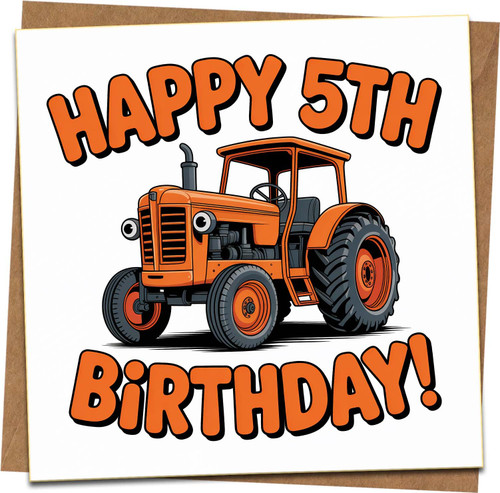 5th Birthday Card for Boys – Orange Tractor Cartoon – 145mm x 145mm Square Greeting Card with Kraft Envelope – Happy 5th Birthday Farm Truck Theme