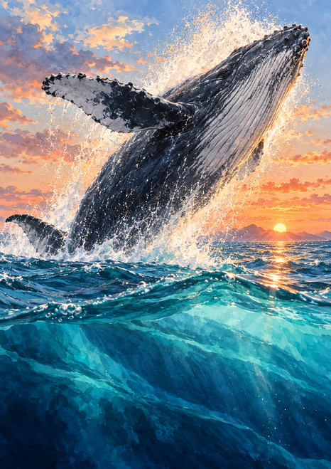 Large humpback whale breaching through turquoise water amid white spray, with a low horizon and orange sun at right.
