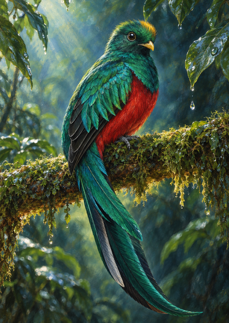 Emerald and turquoise bird with a red belly and long blue-green tail perched on a mossy branch beneath wet leaves and a hanging droplet.