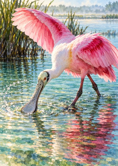Pink-and-white spoonbill wading with partly open wings and sweeping its broad bill through reflective lagoon water.