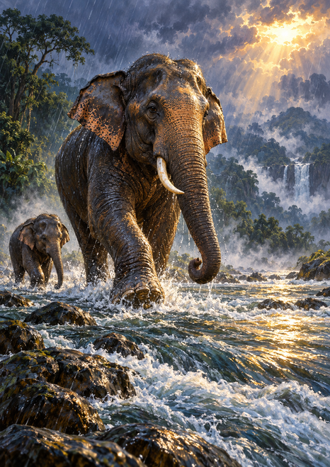A large elephant with one visible tusk crosses a rocky river as a smaller elephant follows through spray and rain.
