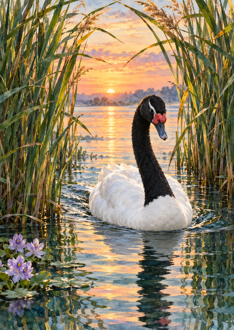 White-bodied black-necked swan gliding between tall reeds on reflective sunset water, with lavender flowers at lower left.