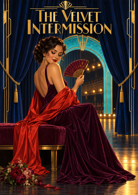 Adult performer in a plum gown and vermilion wrap sits with an open fan beneath gold title lettering, framed by curtains and a turquoise arch.