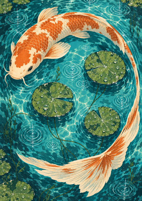 Overhead view of a cream-and-copper koi looping around three green lily pads amid circular ripples in turquoise water.