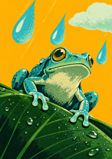 Blue-green frog gripping a dark green leaf beneath turquoise raindrops and a pale mint cloud.