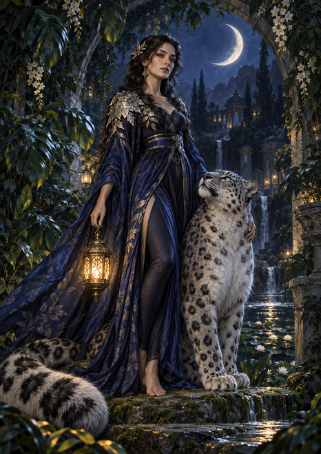 Woman in an indigo robe holding a lantern beside a snow leopard in a moonlit garden with a crescent moon.