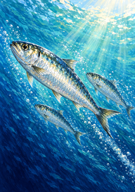 Three silver-blue fish swim diagonally through turquoise and deep blue water, with bubbles and bright rays entering from the upper right.