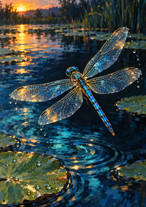 Blue dragonfly hovering over a dark pond with ripples, droplets, lily pads, and amber sunset light.